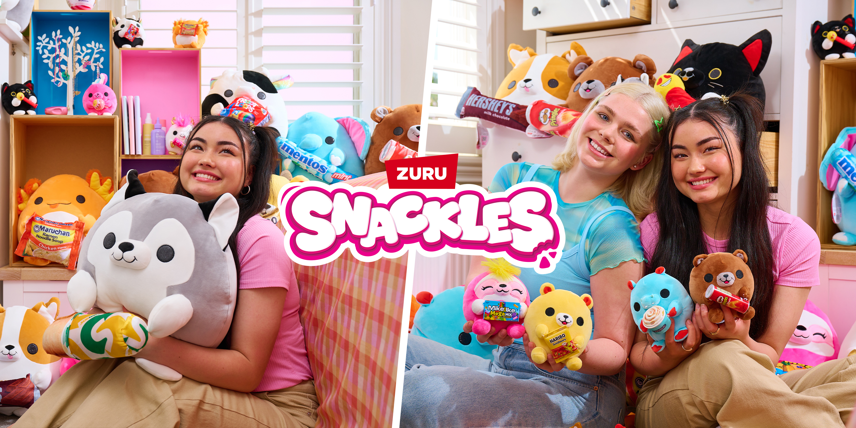 A shelf of ZURU Snackles plush toys with their snack accessories
